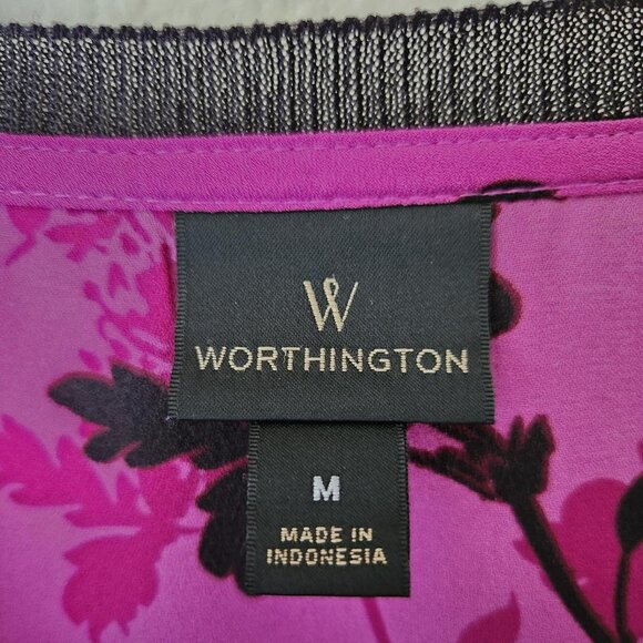 Worthington pink & purple black floral blouse Sz M Asian Inspired Flowy Summer - Picture 5 of 8